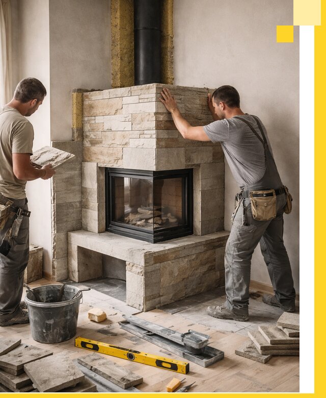 Угловые камины под ключ проект, монтаж и отделка в Шатуре